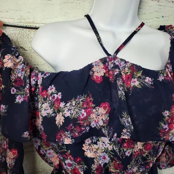 Maurices Women’s S Floral Cold Shoulder Dress Navy Pink Ruffle Off Shoulder Halt - Picture 4 of 12